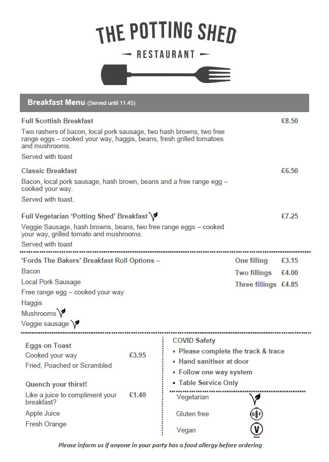 The Potting Shed Restaurant Menus